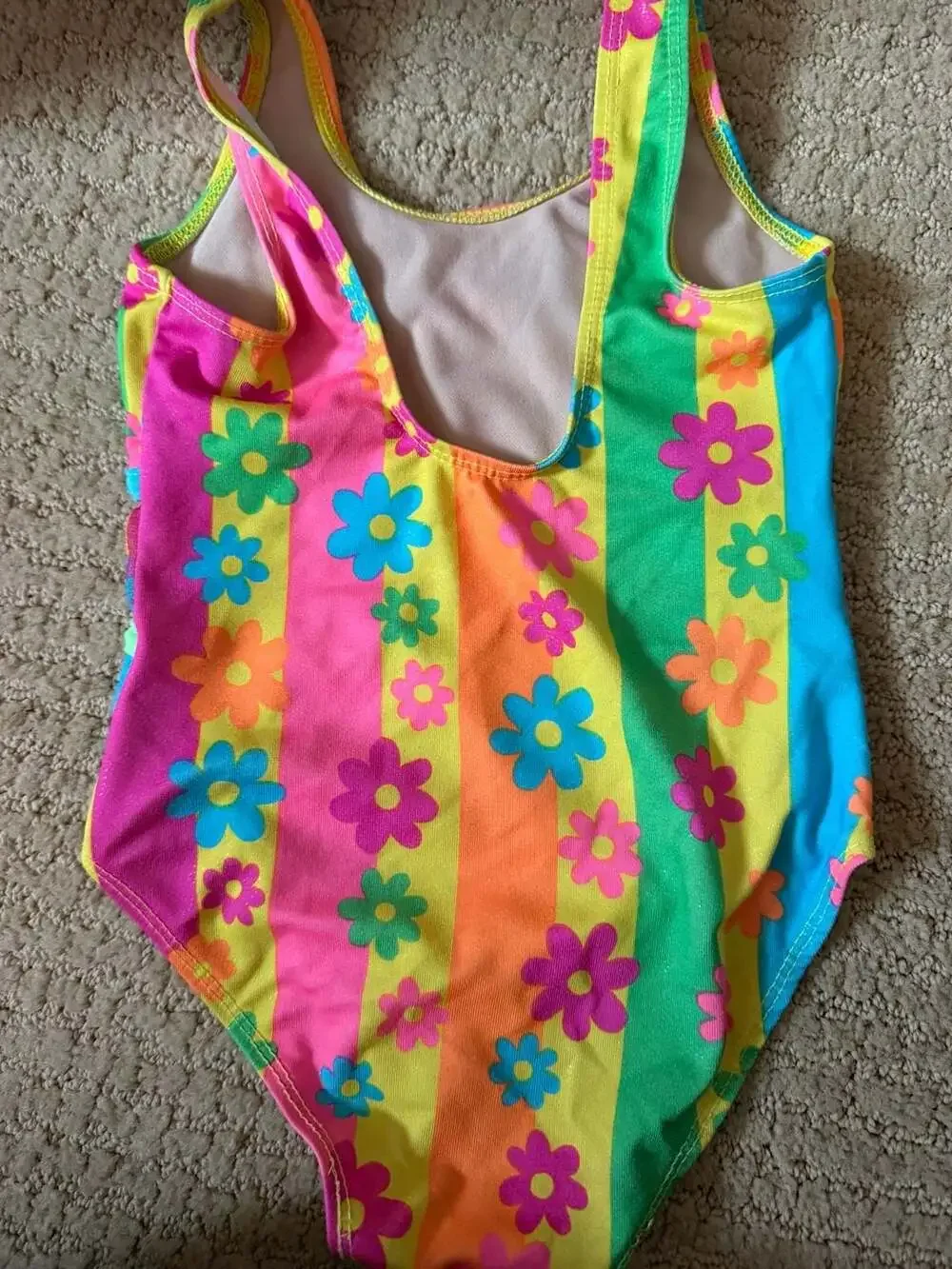 90s Vintage Girls Neon Rainbow Floral Striped One-Piece Swimsuit Size 3T